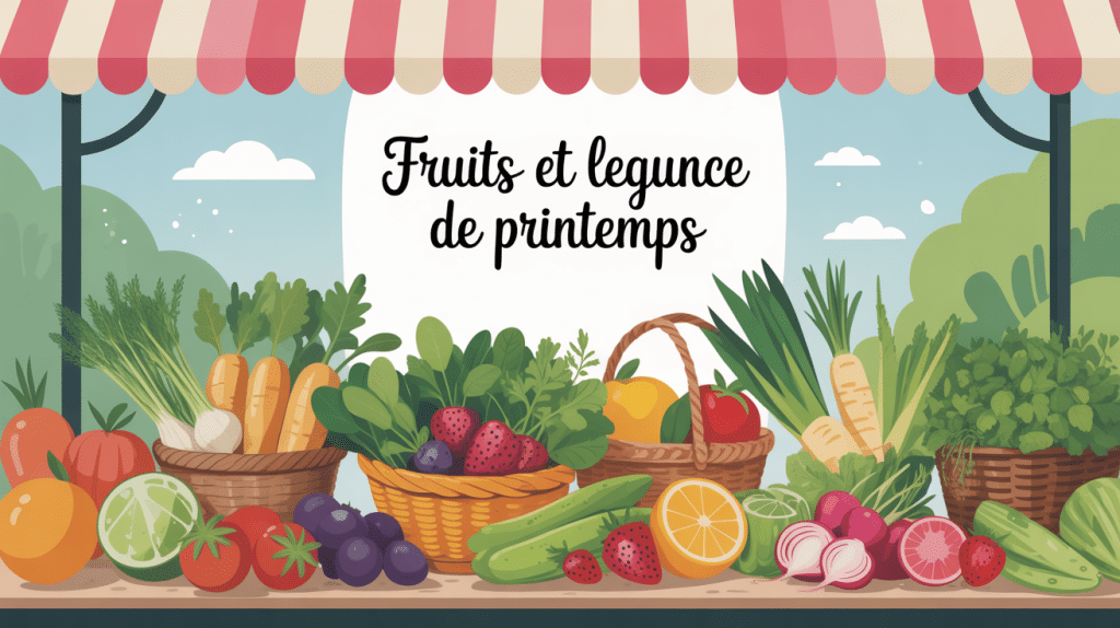 fruits et legumes de printemps frais sur étal marché
