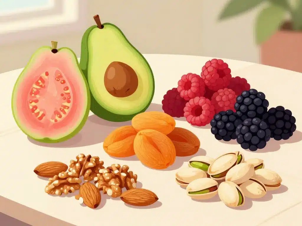 fruits riches en proteines frais secs et oléagineux sur table