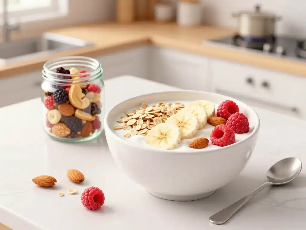 bol petit-déjeuner et mélange de fruits riches en proteines