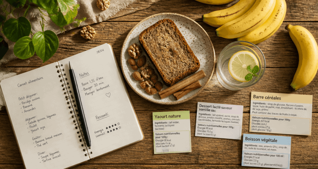 10 conseils pour se desintoxiquer du sucre, table saine, carnet, banana bread
