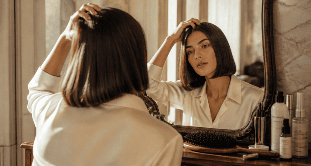 coiffure cheveux fins devant miroir