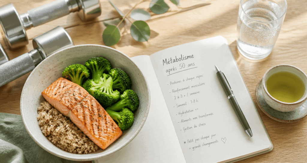 comment augmenter son metabolisme apres 50 ans bol saumon haltères carnet