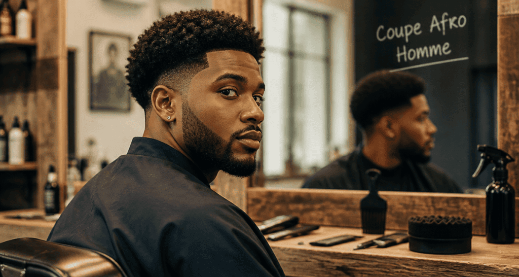 coupe afro homme taper fade miroir salon