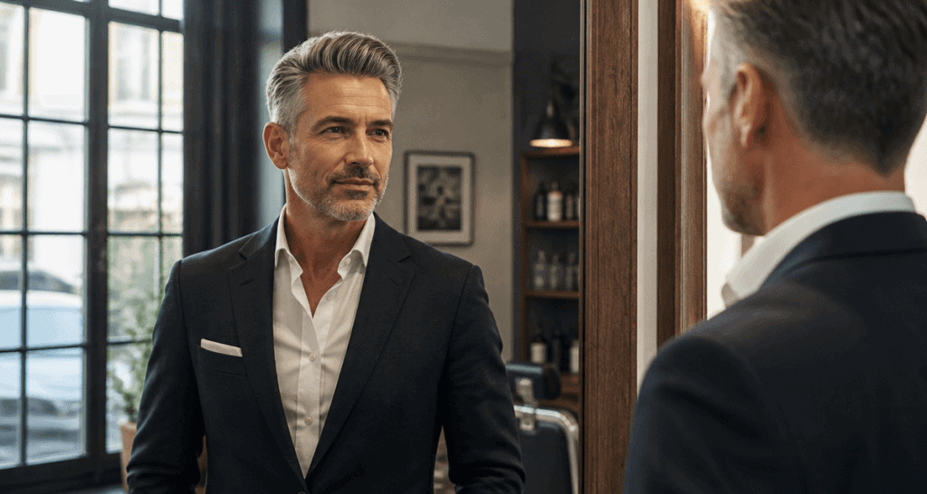 Coupe homme 50 ans style élégant cheveux poivre et sel