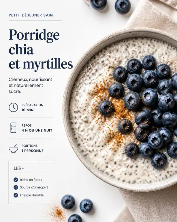Bol de porridge onctueux aux graines de chia et myrtilles pour un petit dej équilibré recette