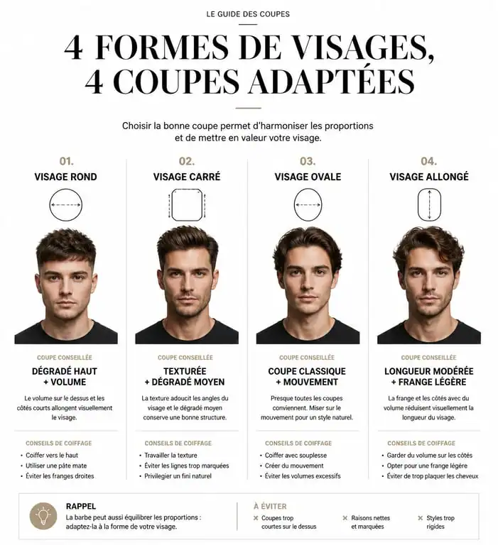 Infographie des meilleures coupes de cheveux pour homme de 50 ans selon la forme du visage