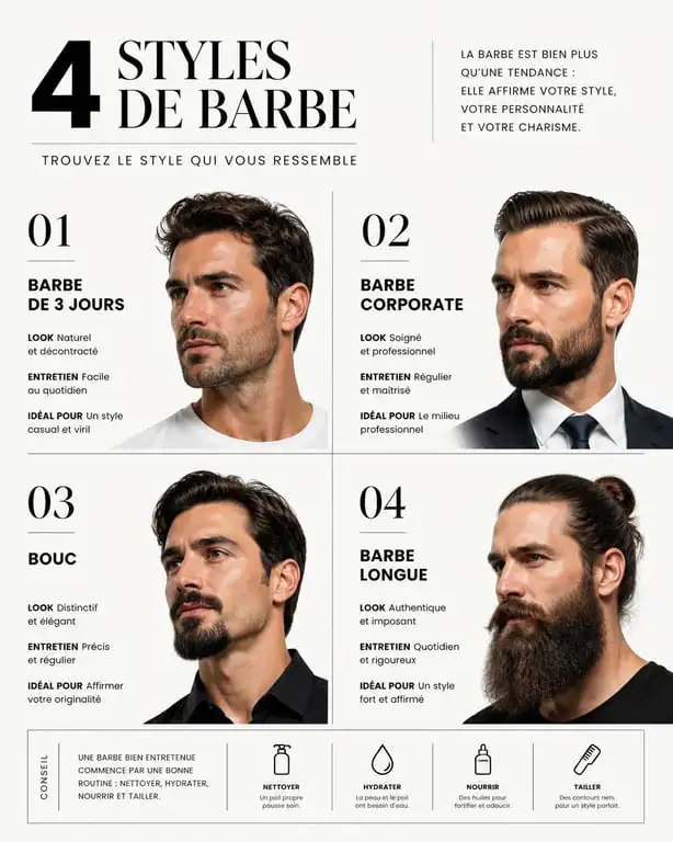 Différents styles de barbe homme selon la morphologie du visage et la pilosité