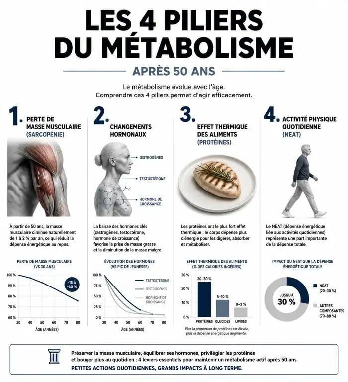 Infographie expliquant les facteurs influençant le métabolisme après 50 ans et comment l'augmenter