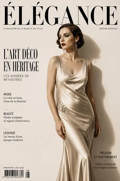 Robe année 30 en satin avec coupe en biais style Art Déco