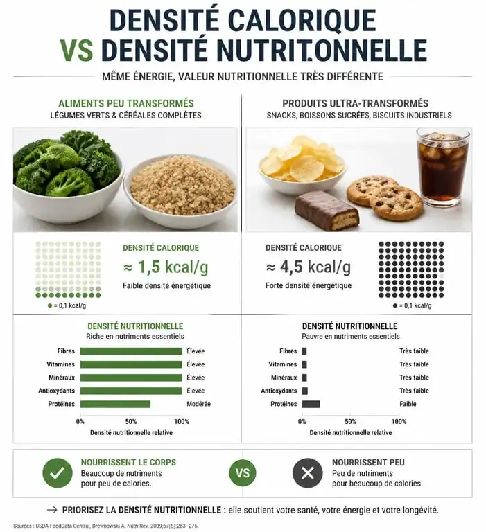 Infographie nutrition perdre du poids comparant densité calorique et nutritionnelle