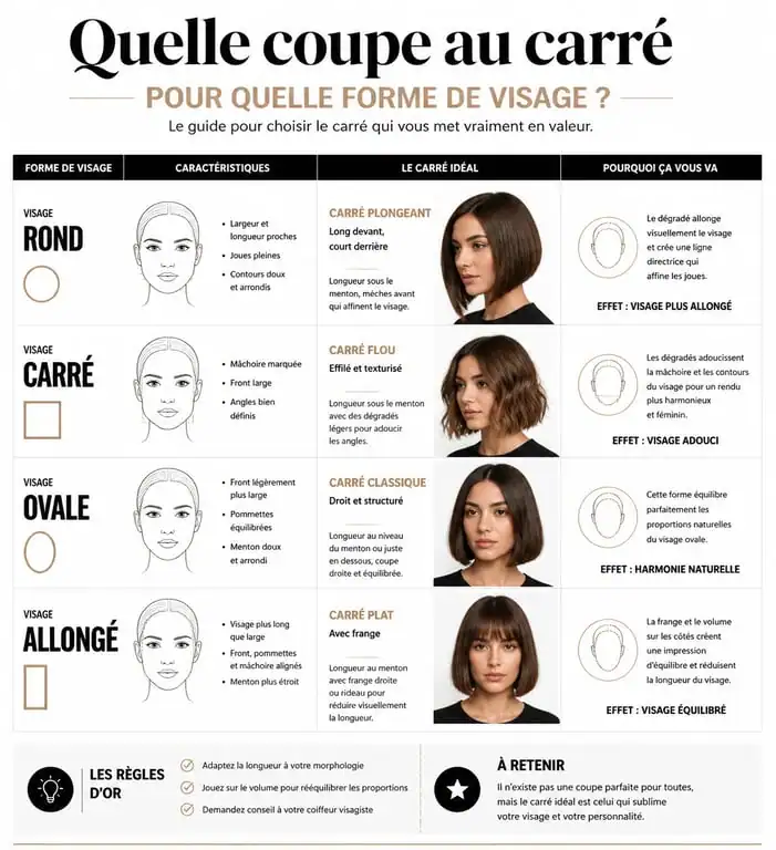 Infographie des tendances coupe carré femme selon la forme du visage