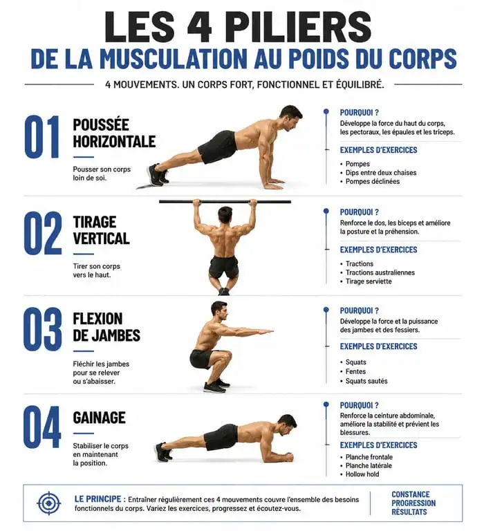 Infographie des piliers de la musculation poids du corps programme : exercices de base pour un entraînement complet