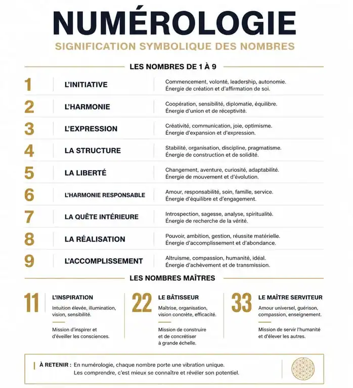 Infographie de la signification des nombres en numérologie, de 1 à 9 et nombres maîtres