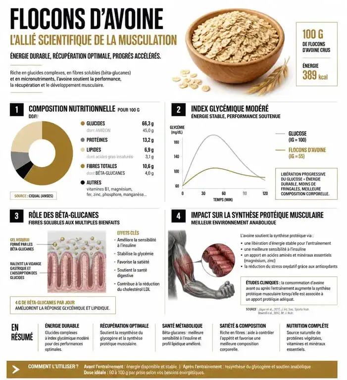 Infographie des bienfaits des flocons d'avoine pour la musculation et la prise de masse