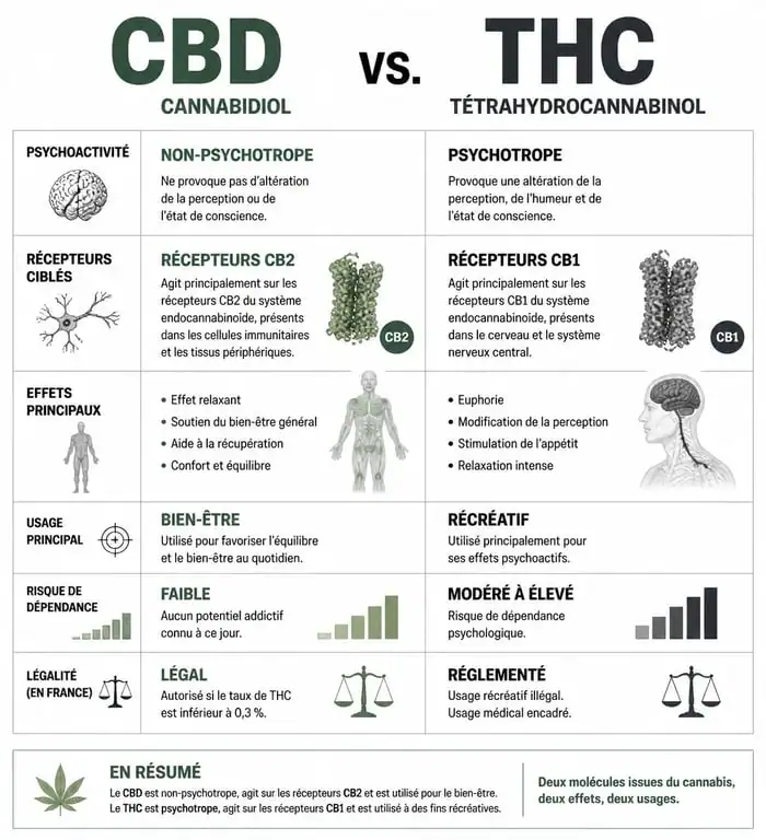Infographie comparative des différences entre CBD et THC : effets, légalité et fonctionnement biologique.