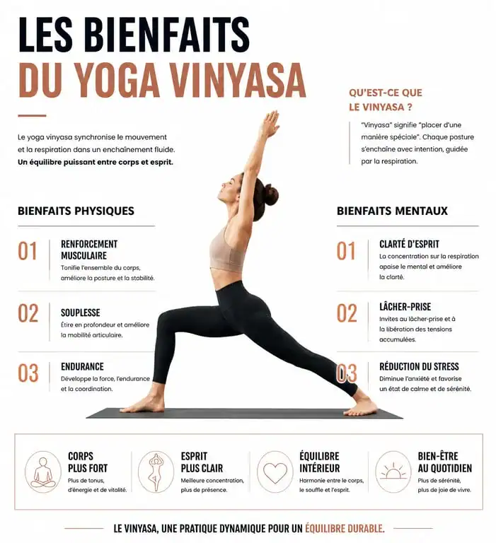 Infographie des bienfaits du yoga vinyasa sur le corps et l'esprit