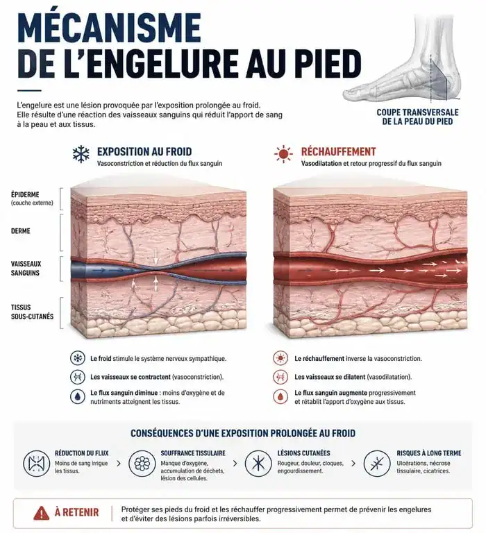 Schéma explicatif du mécanisme de l'engelure au pied et conseils pour le traitement naturel