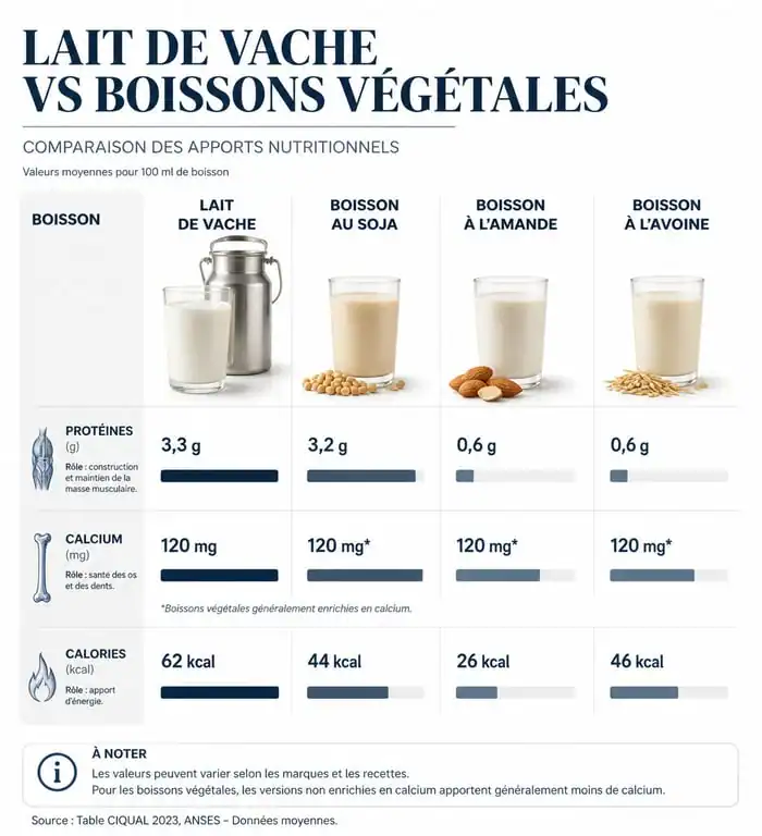 Comparatif nutritionnel lait de vache et boissons végétales