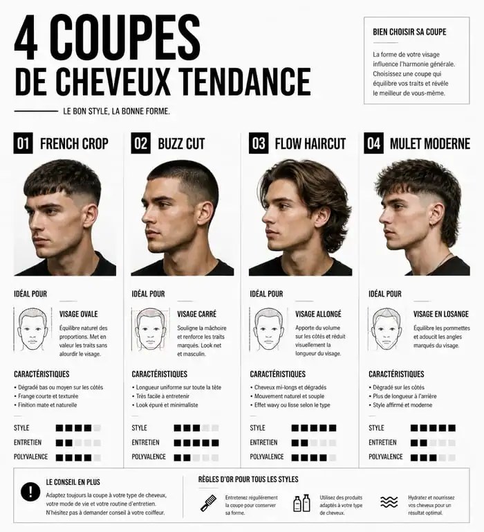 Infographie des coupes homme tendance adaptées à chaque forme de visage