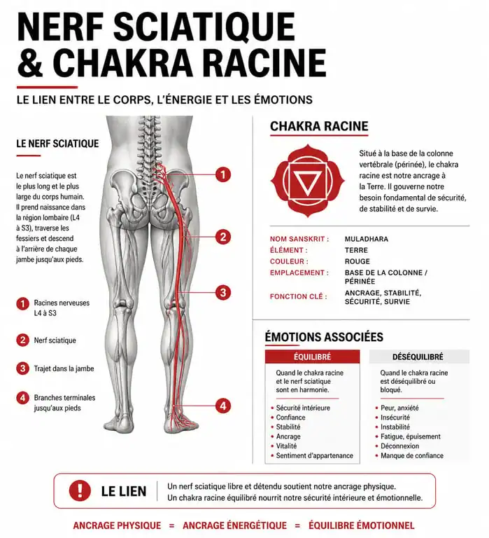 Infographie sur la signification spirituelle de la sciatique, lien entre chakra racine et émotions
