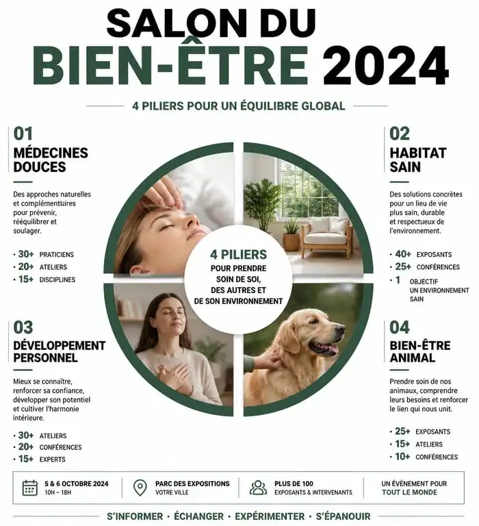 Infographie des piliers du salon du bien-être 2024 : médecines douces, habitat sain et développement personnel