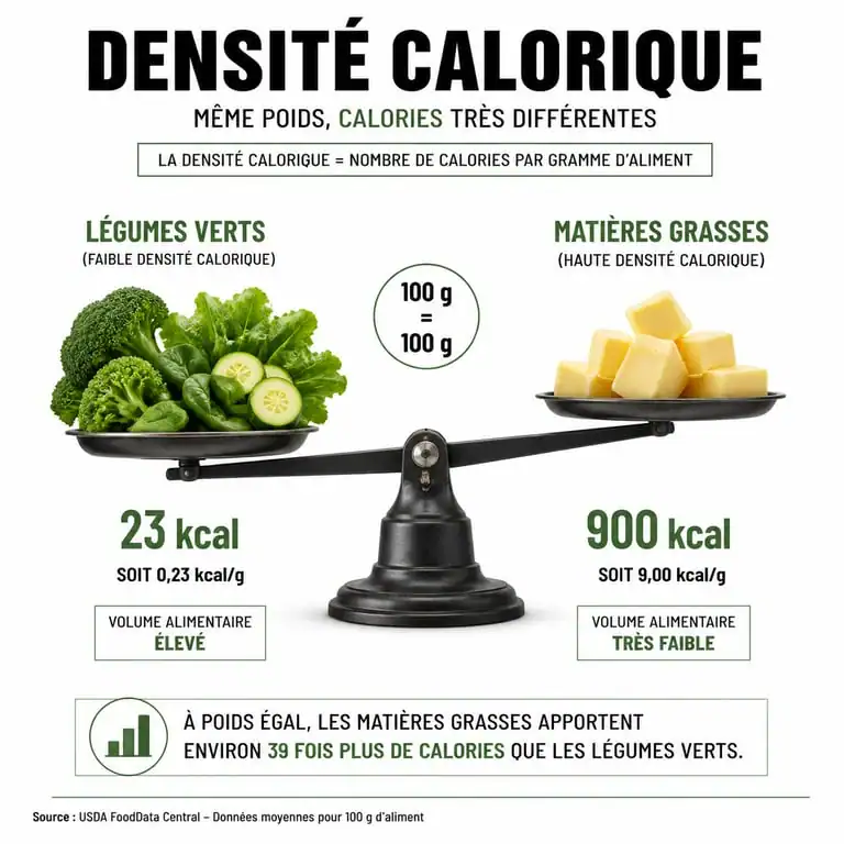 Infographie comparant la densité calorique des aliments pour mieux comprendre l'équilibre nutritionnel