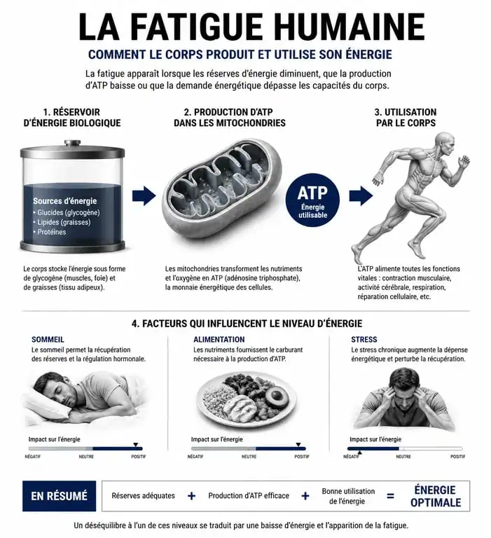 Infographie sur les causes du manque d'énergie et le fonctionnement du métabolisme énergétique