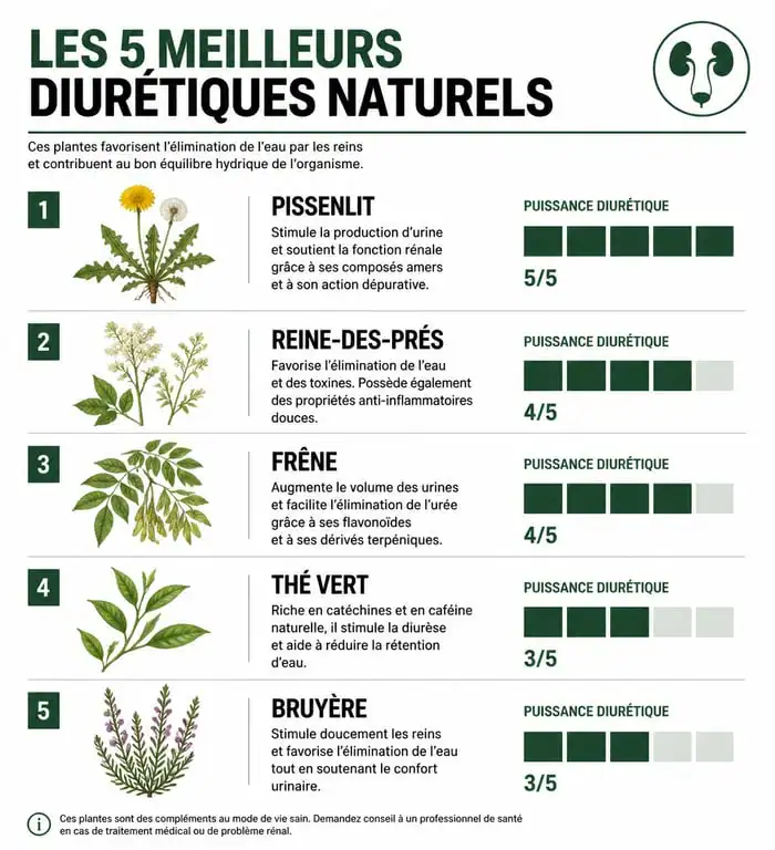 Infographie comparative des 5 meilleurs diurétiques naturels pour lutter contre la rétention d'eau