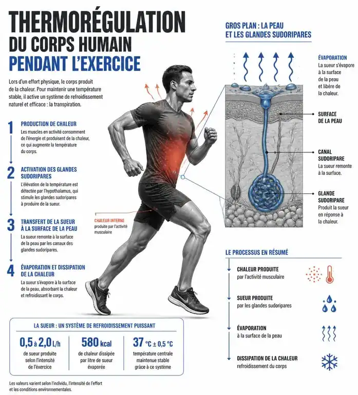 Schéma explicatif du mécanisme de thermorégulation et des bienfaits de la transpiration pendant le sport