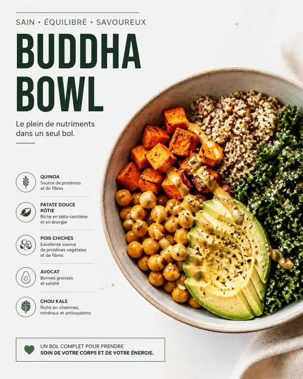 Buddha bowl sain et équilibré avec quinoa et légumes rôtis pour une alimentation healthy