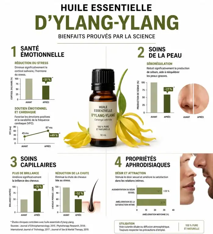 Infographie des bienfaits de l'huile essentielle d'ylang-ylang pour la peau, les cheveux et le bien-être émotionnel
