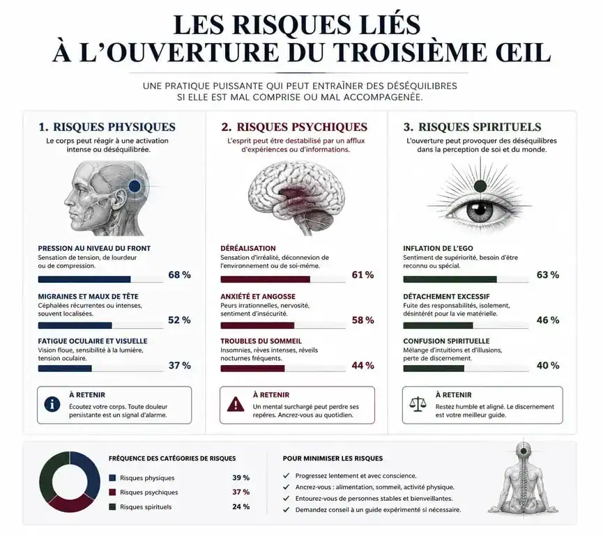 Infographie des risques et symptômes de l'ouverture du troisième œil