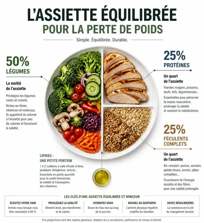 Infographie assiette équilibrée pour plan alimentaire perte de poids