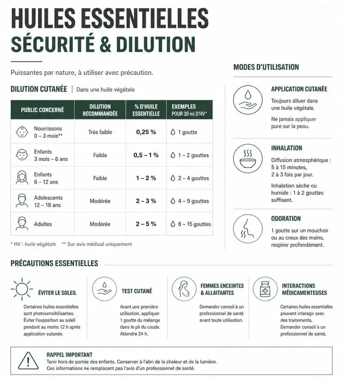 Infographie des taux de dilution et précautions d'usage des huiles essentielles
