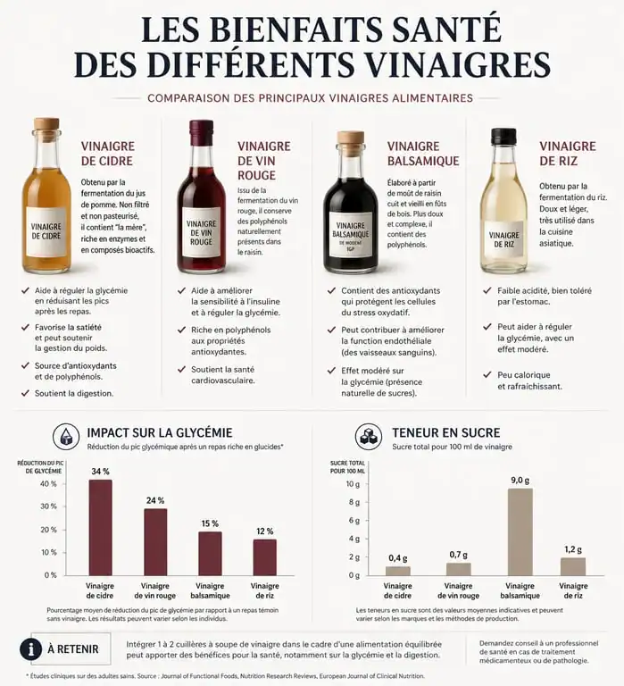 Infographie comparative des bienfaits santé des différents types de vinaigre pour choisir le meilleur vinaigre pour la santé