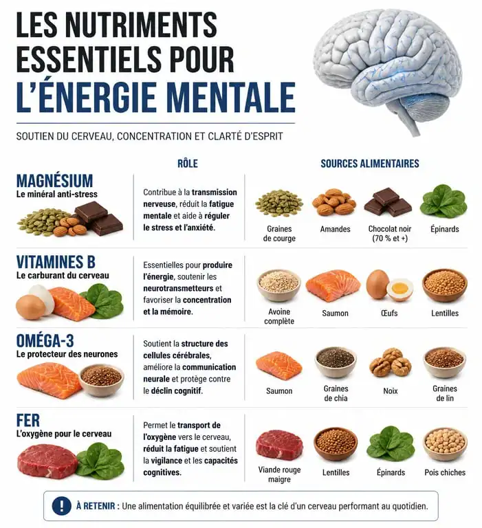 Infographie des nutriments essentiels pour retrouver de l'énergie mentale