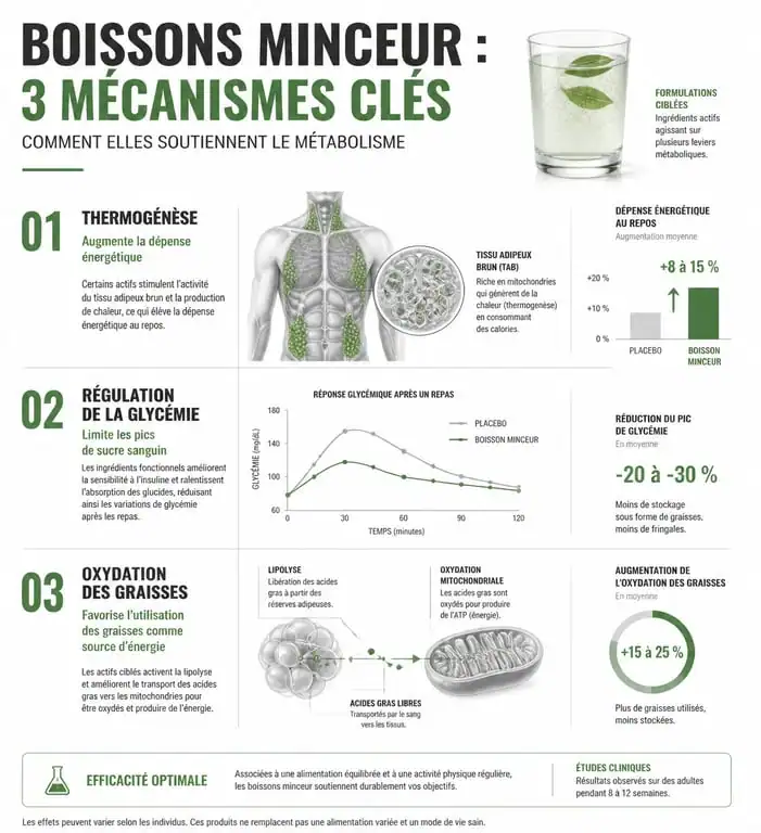 Infographie sur les mécanismes métaboliques des boissons pour perdre du poids