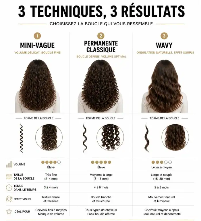 Infographie comparative des techniques de mini vagues cheveux, permanente et wavy