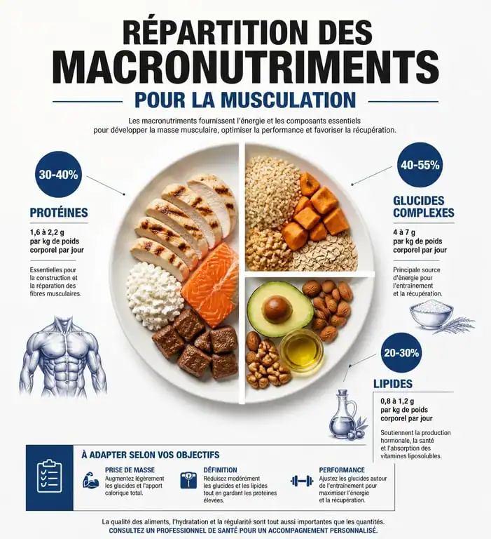 Infographie sur la répartition des macronutriments pour la nutrition en musculation