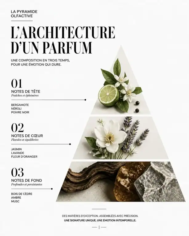 Infographie de la pyramide olfactive pour bien choisir son parfum femme 2025