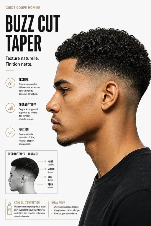 Buzz cut cheveux bouclés avec dégradé taper