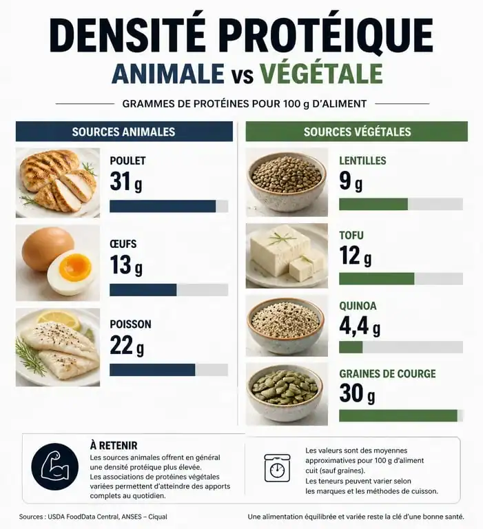 Infographie comparative des sources de protéines animales et végétales pour un repas riche en proteine
