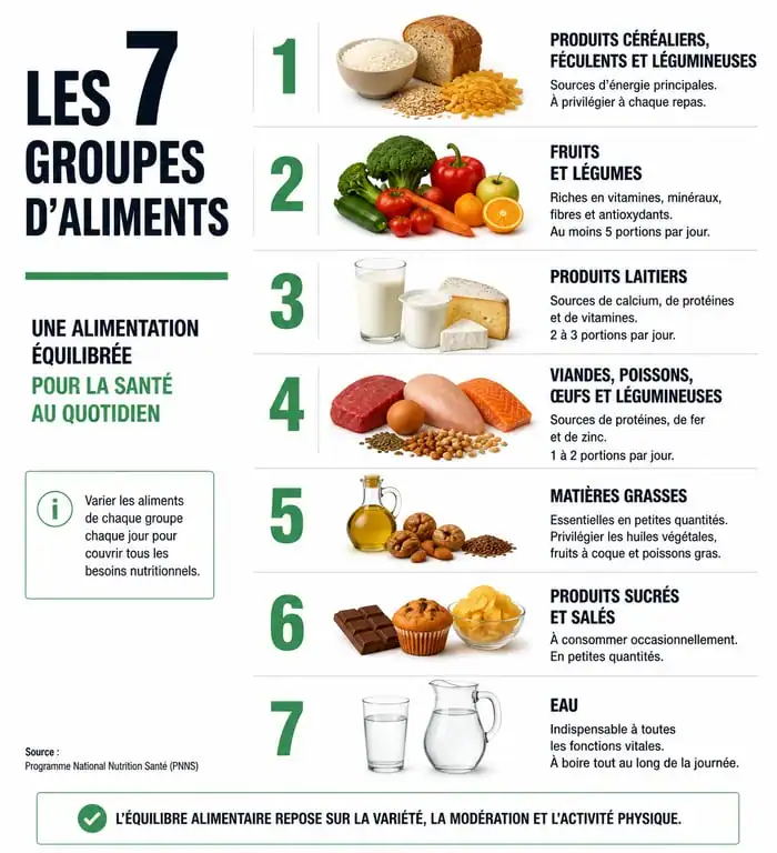 Infographie des 7 groupes d'aliments pour une alimentation équilibrée
