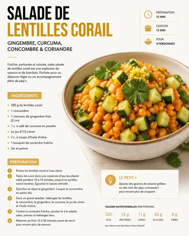 Salade de lentilles corail au gingembre et curcuma, un plat sain parmi les aliments brûle graisse