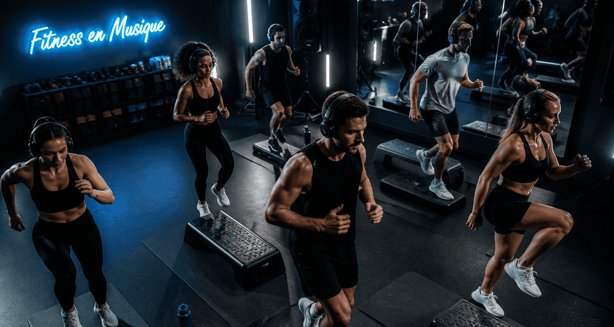 Fitness en musique, groupe en salle, entraînement