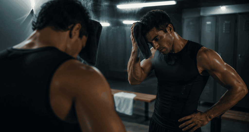 Les bienfaits de la transpiration pendant le sport athlète s'essuie dans vestiaire