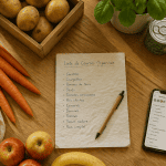 liste courses alimentaires sur table avec fruits légumes et application