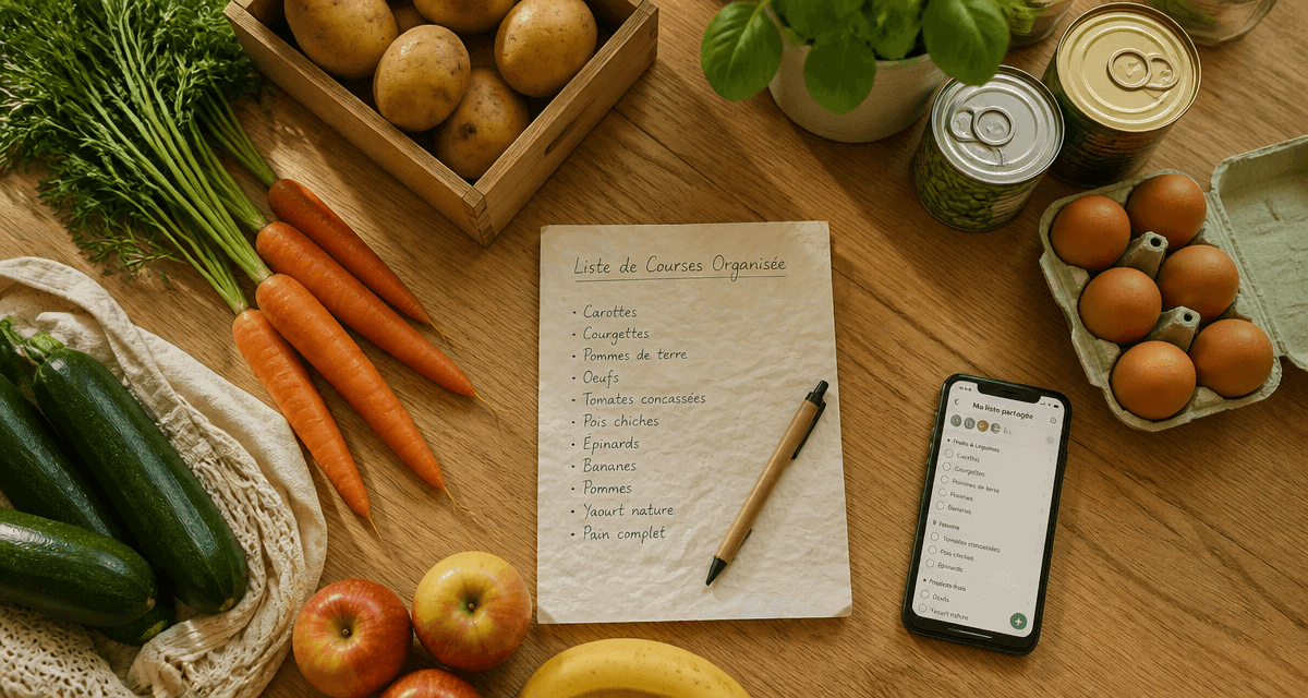 liste courses alimentaires sur table avec fruits légumes et application