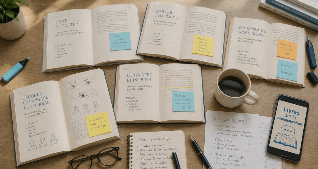 livre sur la communication sur un bureau avec exercices