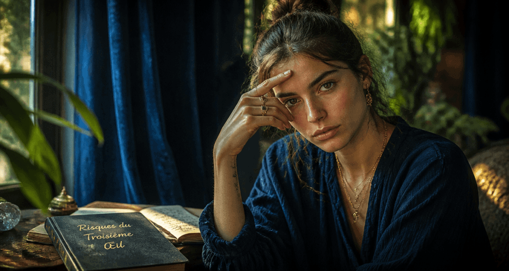 Ouverture du troisième œil danger femme méditant près fenêtre